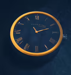 a gold clock hanging from the side of the wall