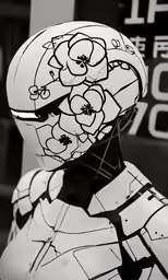 a person wearing a helmet that has flowers on it