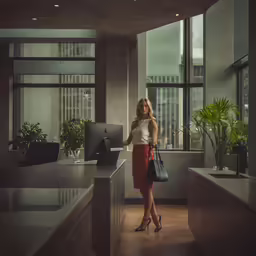 a woman stands in a large, office cubicle with large windows and plants