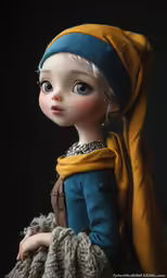 a doll with blue eyes wearing a scarf