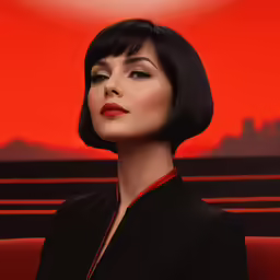 a woman sitting on top of a couch in front of a large red background