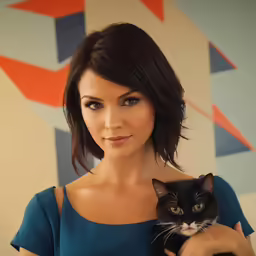 a woman is holding a black cat in her hands