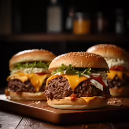 two hamburger sandwiches on a tray, three of the sandwiches are very large and three are small