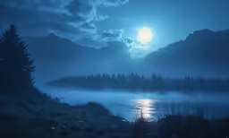 a foggy night with a full moon in the sky
