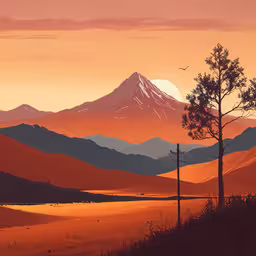 the mountain range under a sunset with two trees,a painting of a mountain range at sunset