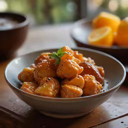 a plate of cooked food with a small orange in the background