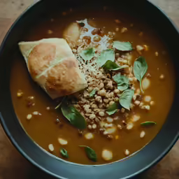 a dish of soup with beans, bread, and spinach leaves