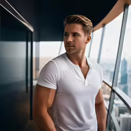 man in white shirt with city in background