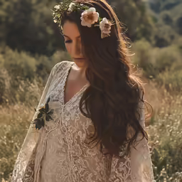 a girl is standing in the grass with long hair