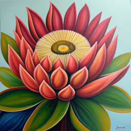 painting of an orange and yellow flower on blue background,the painting is in progress, a colorful floral on a blue background
