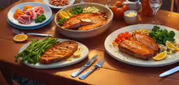 two white plates on a table holding food,this is a nice meal consisting of fish, rice and vegetables
