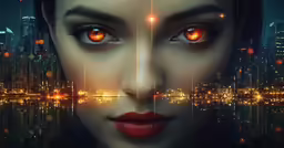 an image of a womans face with glowing eyes