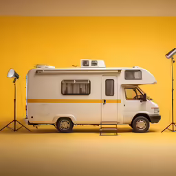 an rv parked in front of two street lights