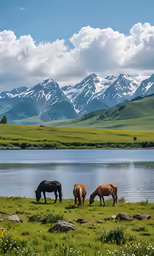 the horses are grazing on the grass by the water