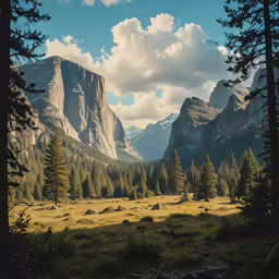 a meadow with trees and rocks in the foreground
