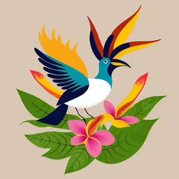 a painting with a bird sitting on top of flowers,a colorful bird sitting on top of a flower