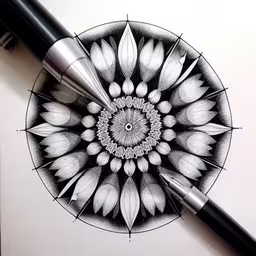 a pen is laying on a drawing of a floral,a pen drawing a black and white circular design