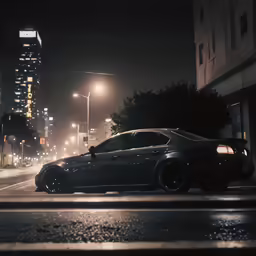 a silver car in the middle of the night, on a street