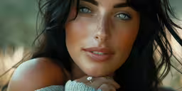 a woman with blue eyes and brown hair posing for the camera,a woman with blue eyes is wearing a ring