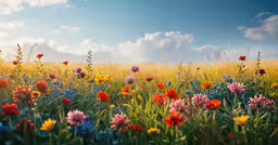 a field full of flowers and green grass