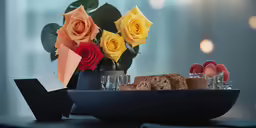 a vase filled with roses and some bread on a table