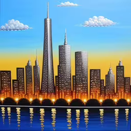 a painting shows a city skyline at night,there is a picture of an urban scene on display,an image of a painting of a city at night,painting of cityscape over water with reflection,a painting of a city at night with reflections in the water