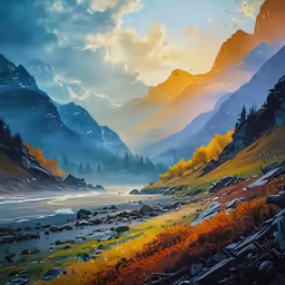 a painting of some mountains and a lake