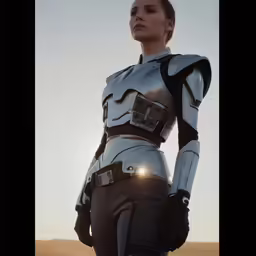 a woman in silver leather outfit standing with her arms on the hips