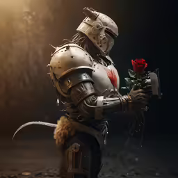 a person dressed in armor holding a rose