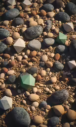pebbles and some green triangular shapes next to each other