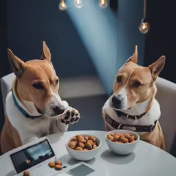 two dogs sitting at a white table eating out of bowls