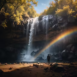 a rainbow shining near a waterfall and a man