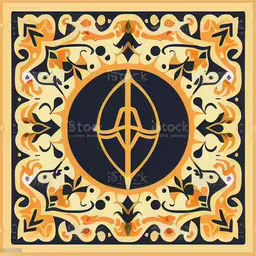 the emblem for an organization on an oriental carpet,the symbol for a decorative tile,an art deco tile with a stylized circle and decorative designs,an image of a decorative tile pattern in orange and black,a square scarf with a design in yellow and blue