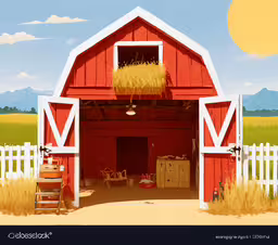 a barn with hay bales in the doorway and sun shining through,a painting of a barn with hay in it