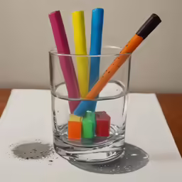 several pens, one with the tip out and a ruler stuck in one glass