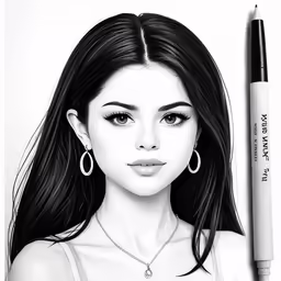 pencil drawing of a girl next to a pen