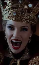 woman with bright smile and costume making silly face