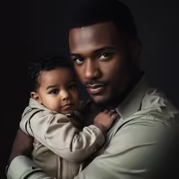 a man holding his little child with his arms crossed