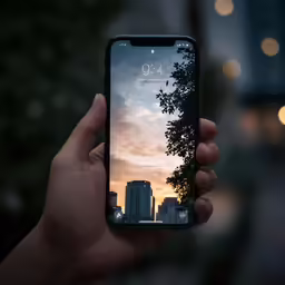 person holding up their cellphone with cityscape in the background