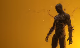 a humanoid standing on an object in front of a yellow background