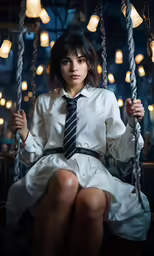 a woman in a dress and a tie sitting on a swing