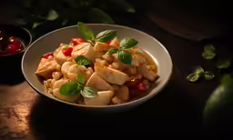a bowl of food on a wooden table