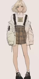 a young woman wearing a skirt, jacket and shoes with her hands on her hips