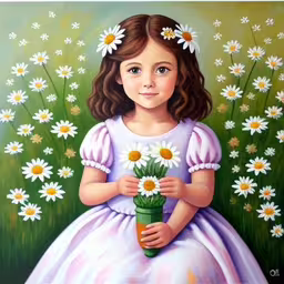 the girl in the painting is holding daisies
