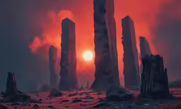 a picture taken from the ground looking at stonehenge in a vast rocky landscape
