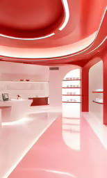 a brightly lit white room with red walls