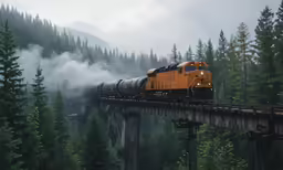 a train crossing a bridge surrounded by forest