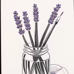 an illustration of a glass jar filled with flowers,a drawing of lavenders in a jar with an apple,a pencil drawing of lavenders in a glass with an apple,the jar of lavenders is next to an apple,a drawing of purple flowers in a mason jar with an apple and an eye brush