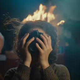 a woman holding a camera over her face