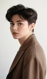 an attractive young woman standing in front of a white background